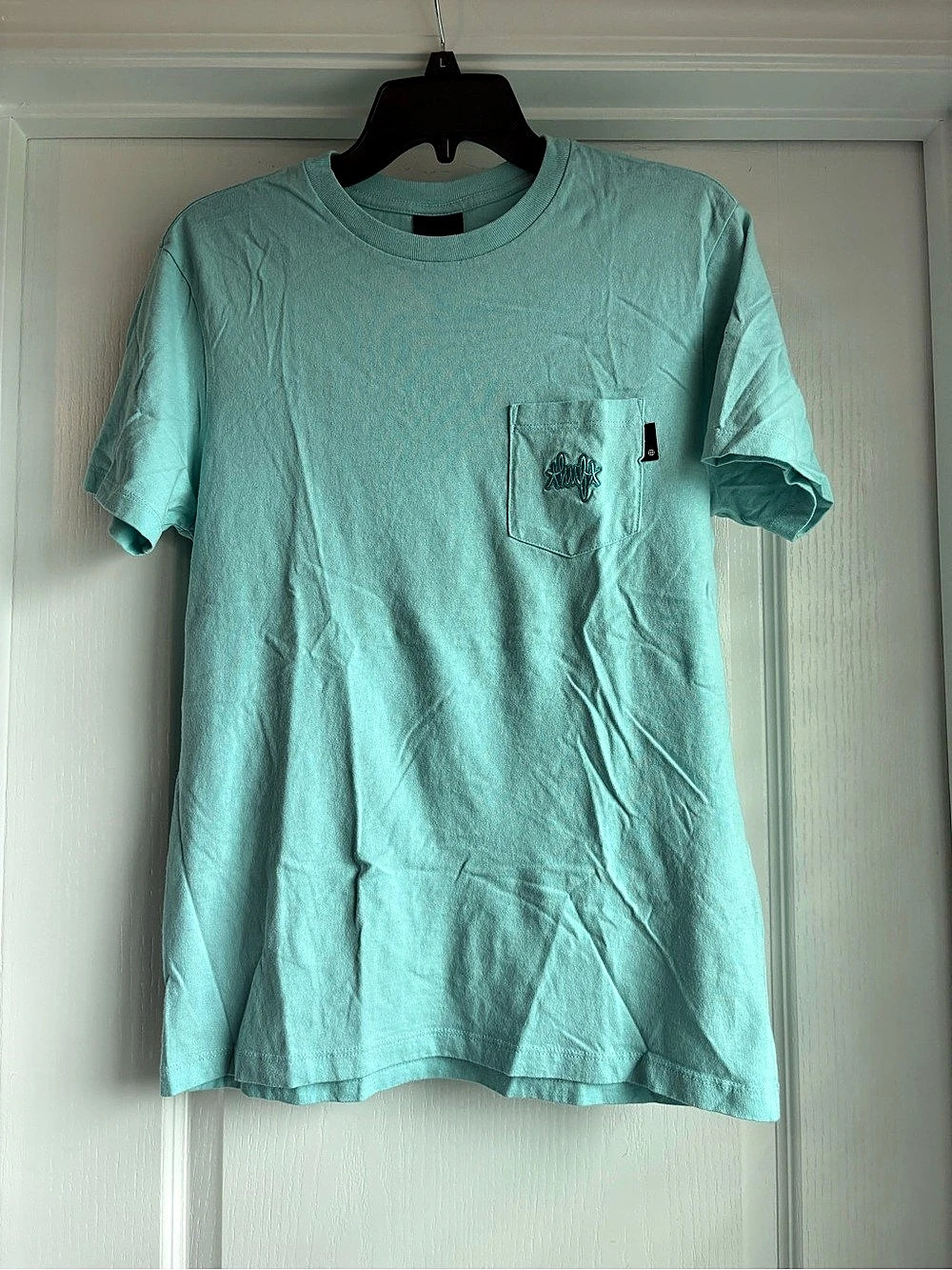 HUF Script Logo Pocket Tee Men's Cotton Aqua Size Small